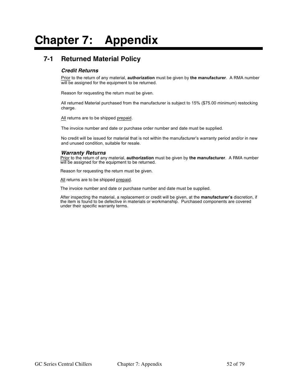 Chapter 7: appendix, 1 returned material policy | Sterlco GC Series Central Chiller User Manual | Page 52 / 79