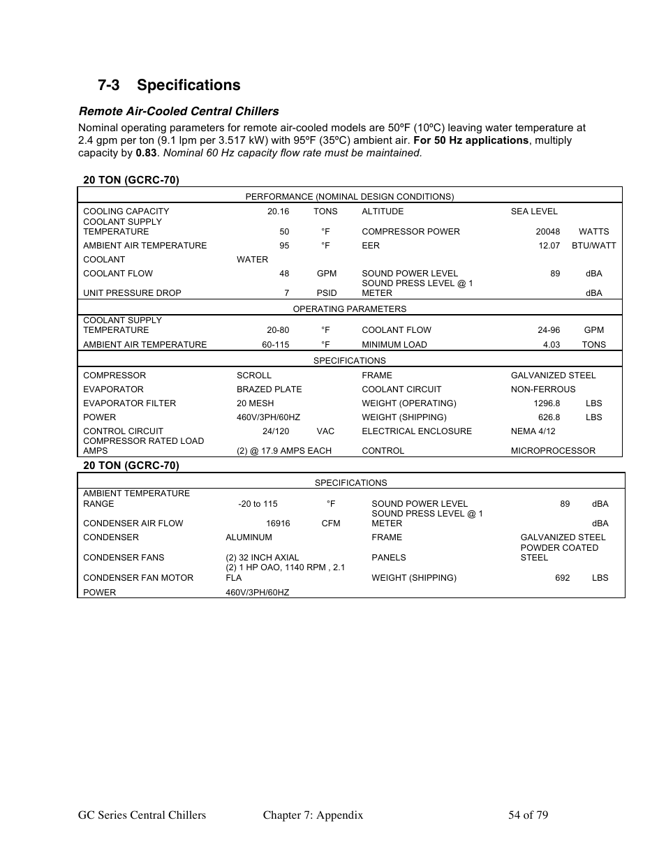 3 specifications, Remote air-cooled central chillers | Sterlco GC Series Central Chiller User Manual | Page 54 / 79