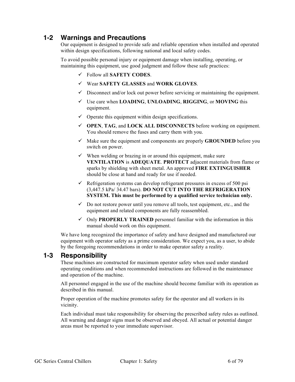 2 warnings and precautions, 3 responsibility | Sterlco GC Series Central Chiller User Manual | Page 6 / 79