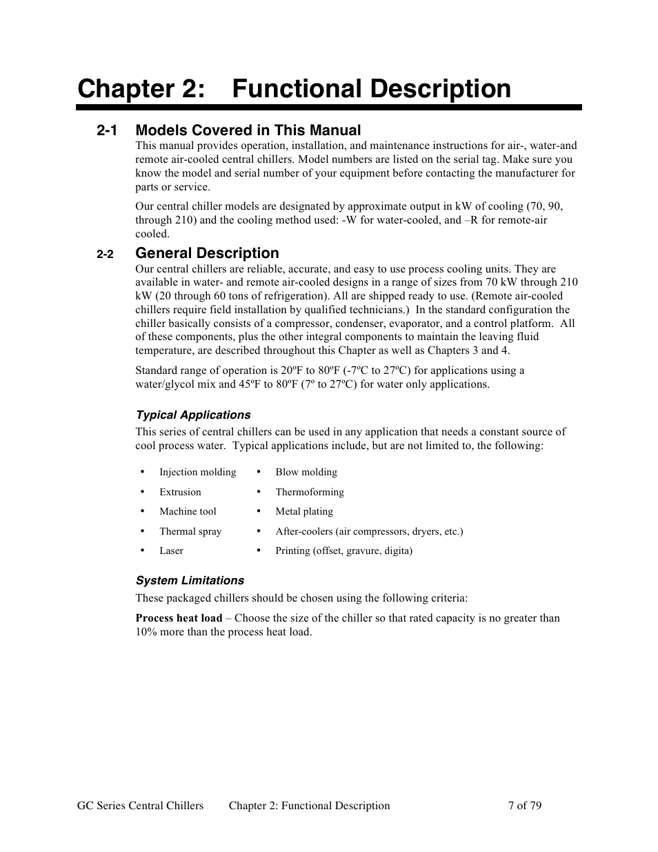 Chapter 2: functional description, 1 models covered in this manual, General description | Sterlco GC Series Central Chiller User Manual | Page 7 / 79