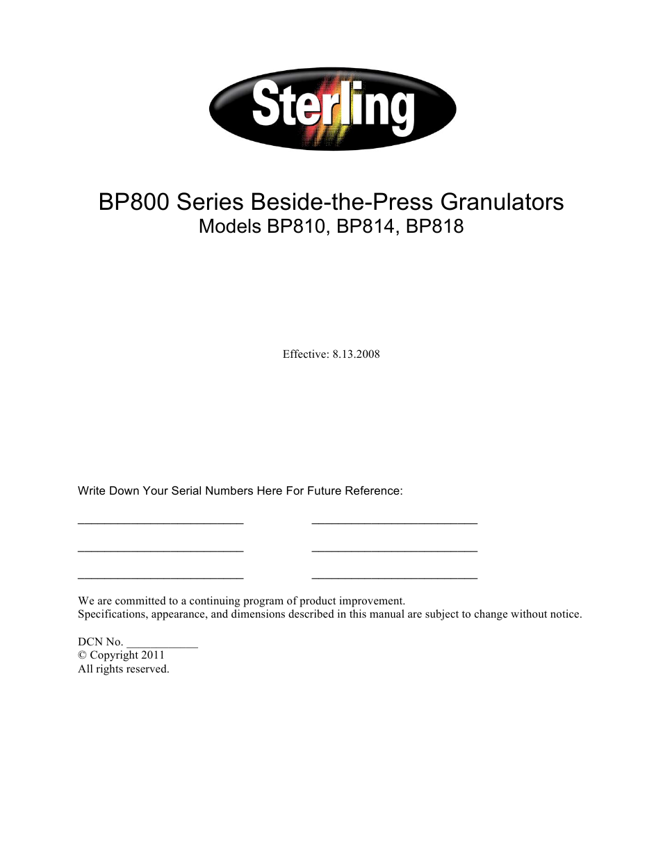 Sterlco BP800 Series Granulators User Manual | 41 pages