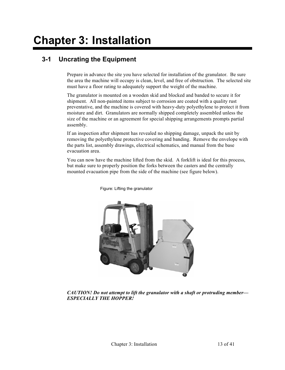 Chapter 3: installation, 1 uncrating the equipment | Sterlco BP800 Series Granulators User Manual | Page 13 / 41