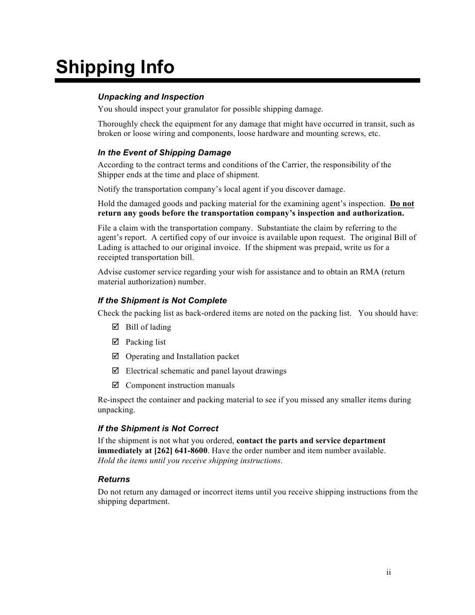 Shipping info | Sterlco BP800 Series Granulators User Manual | Page 2 / 41