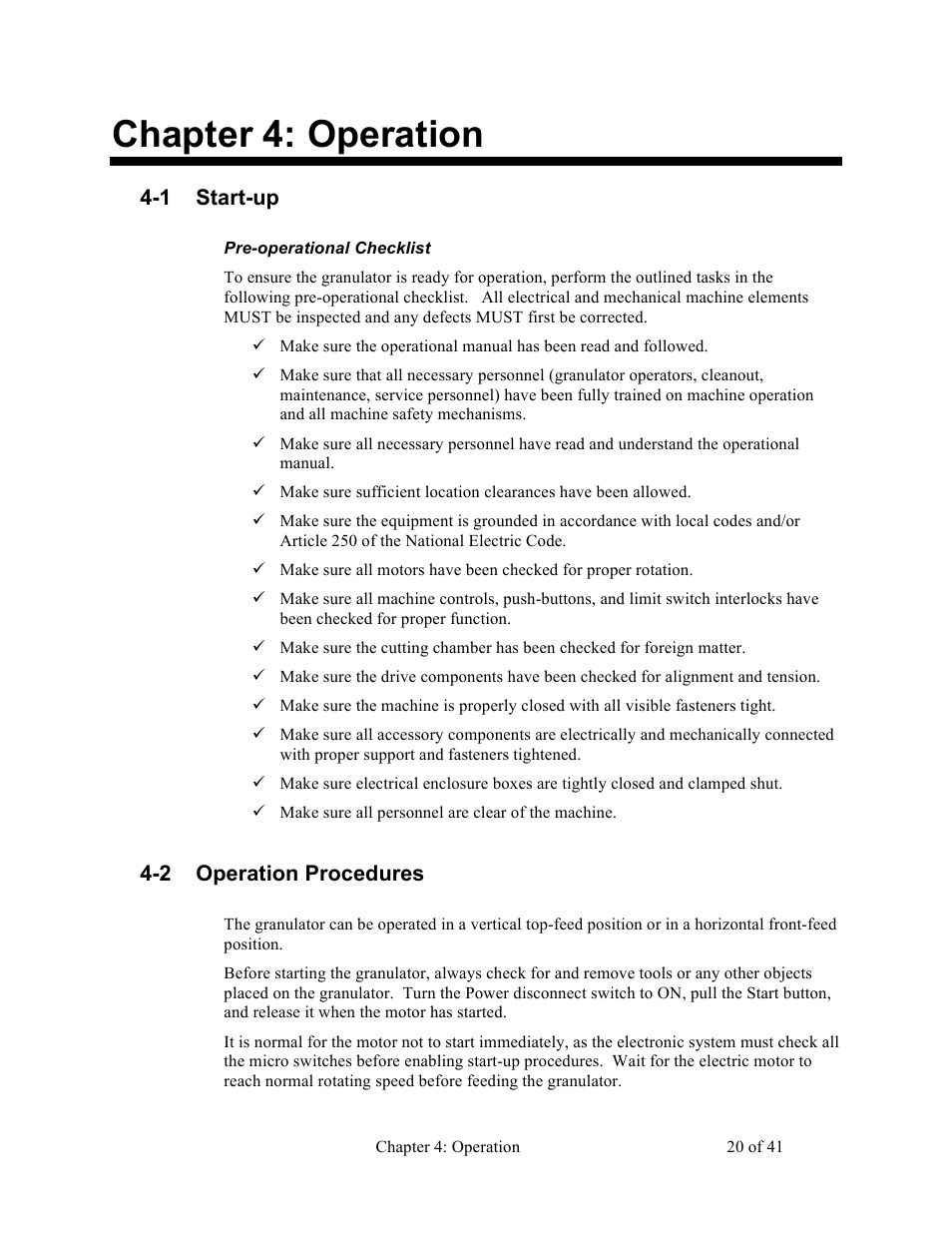 Chapter 4: operation, 1 start-up, 2 operation procedures | Sterlco BP800 Series Granulators User Manual | Page 20 / 41