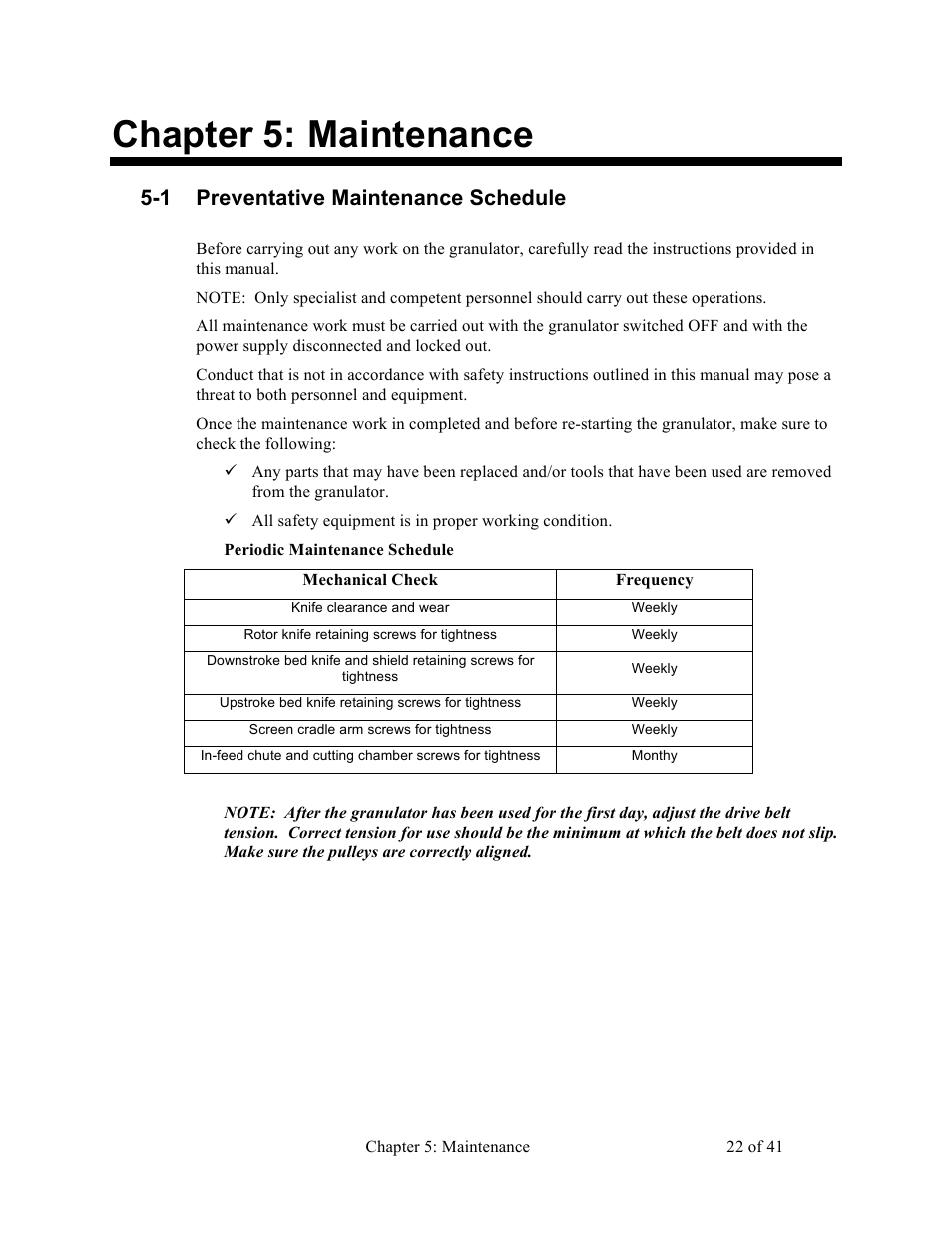 Chapter 5: maintenance, 1 preventative maintenance schedule | Sterlco BP800 Series Granulators User Manual | Page 22 / 41