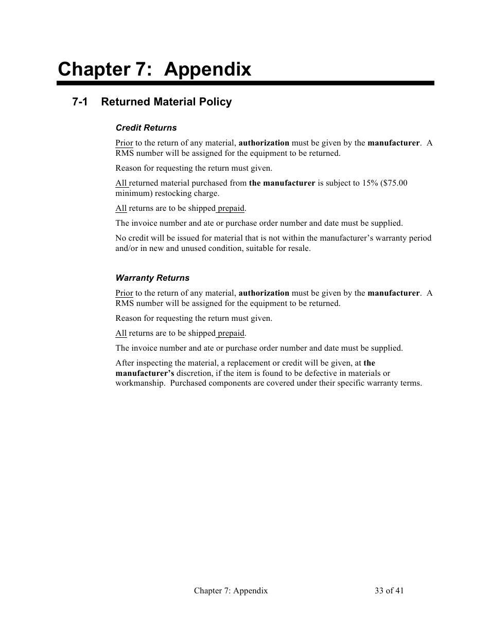 Chapter 7: appendix, 1 returned material policy | Sterlco BP800 Series Granulators User Manual | Page 33 / 41