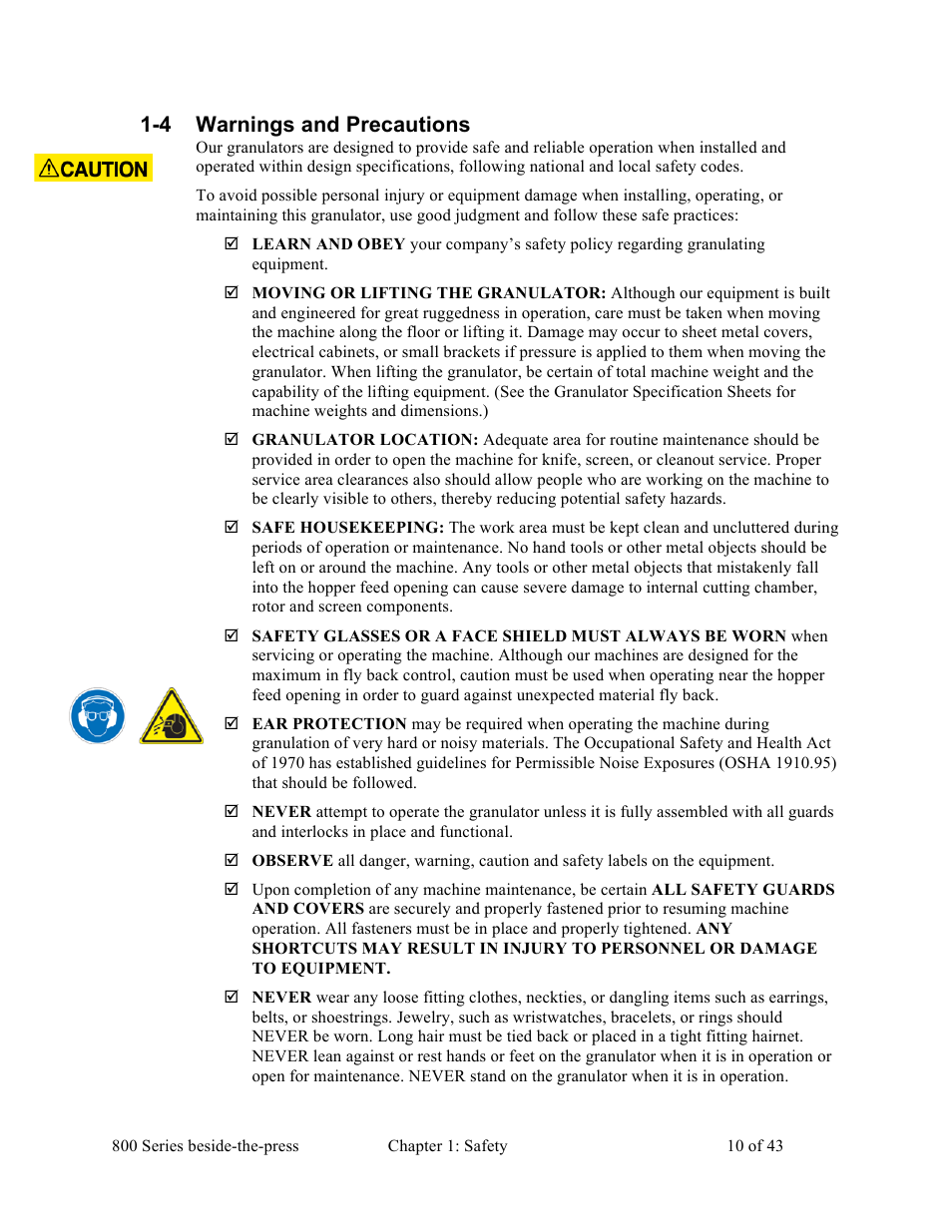 4 warnings and precautions | Sterlco BP800 Series Granulators User Manual | Page 10 / 43