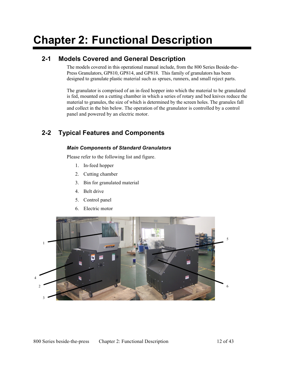Chapter 2: functional description, 1 models covered and general description, 2 typical features and components | Sterlco BP800 Series Granulators User Manual | Page 12 / 43