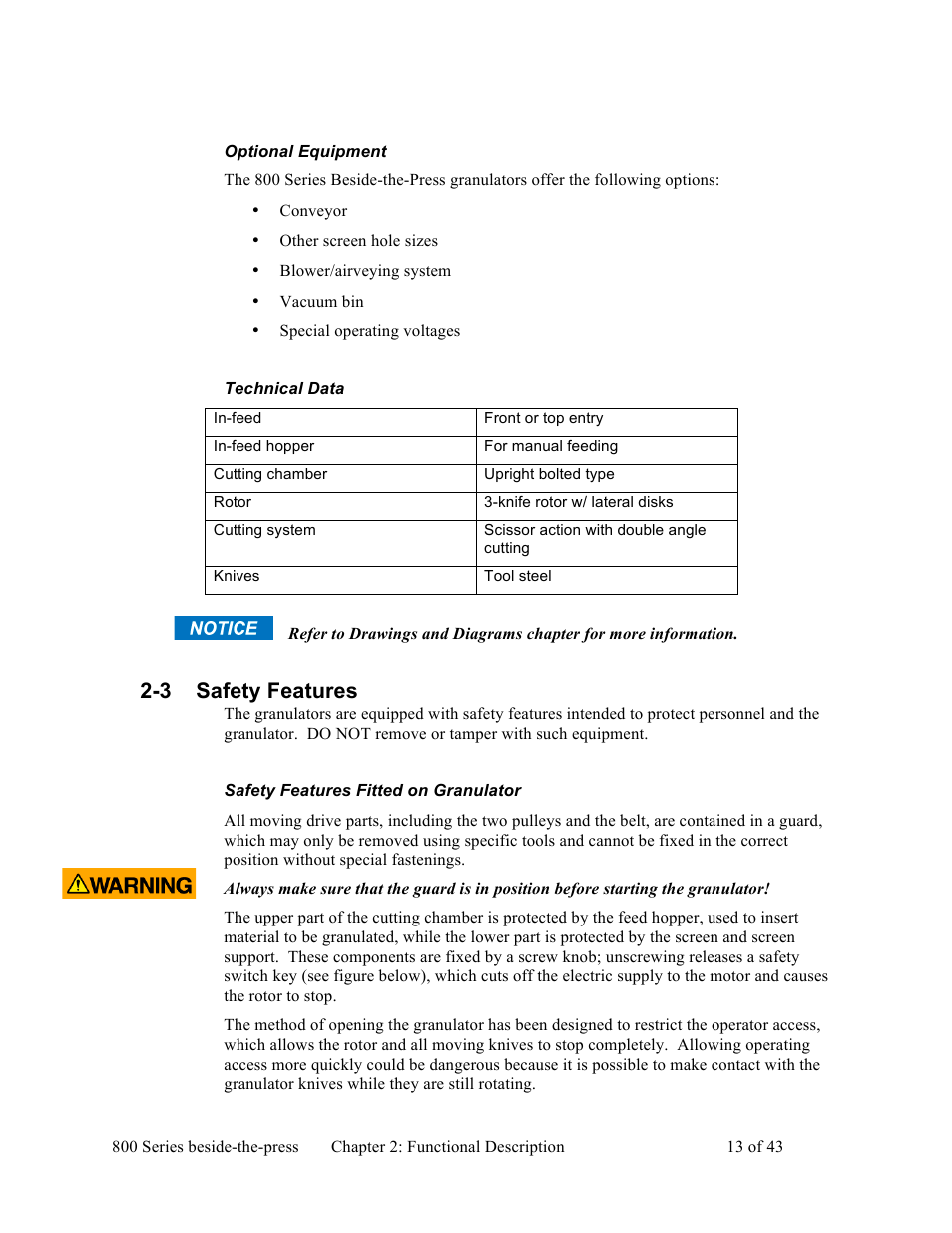 3 safety features | Sterlco BP800 Series Granulators User Manual | Page 13 / 43