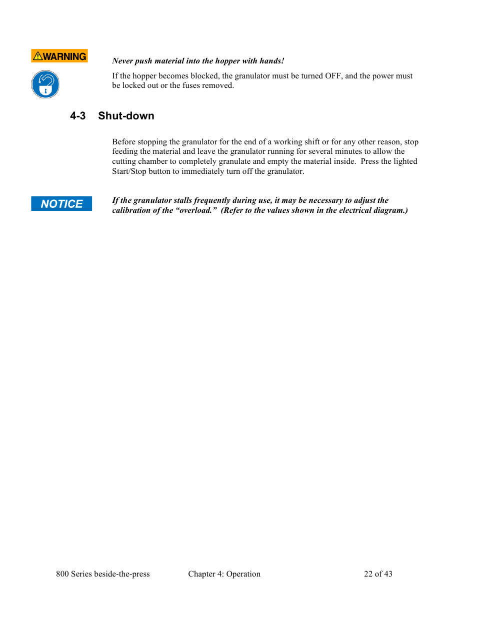 3 shut-down | Sterlco BP800 Series Granulators User Manual | Page 22 / 43