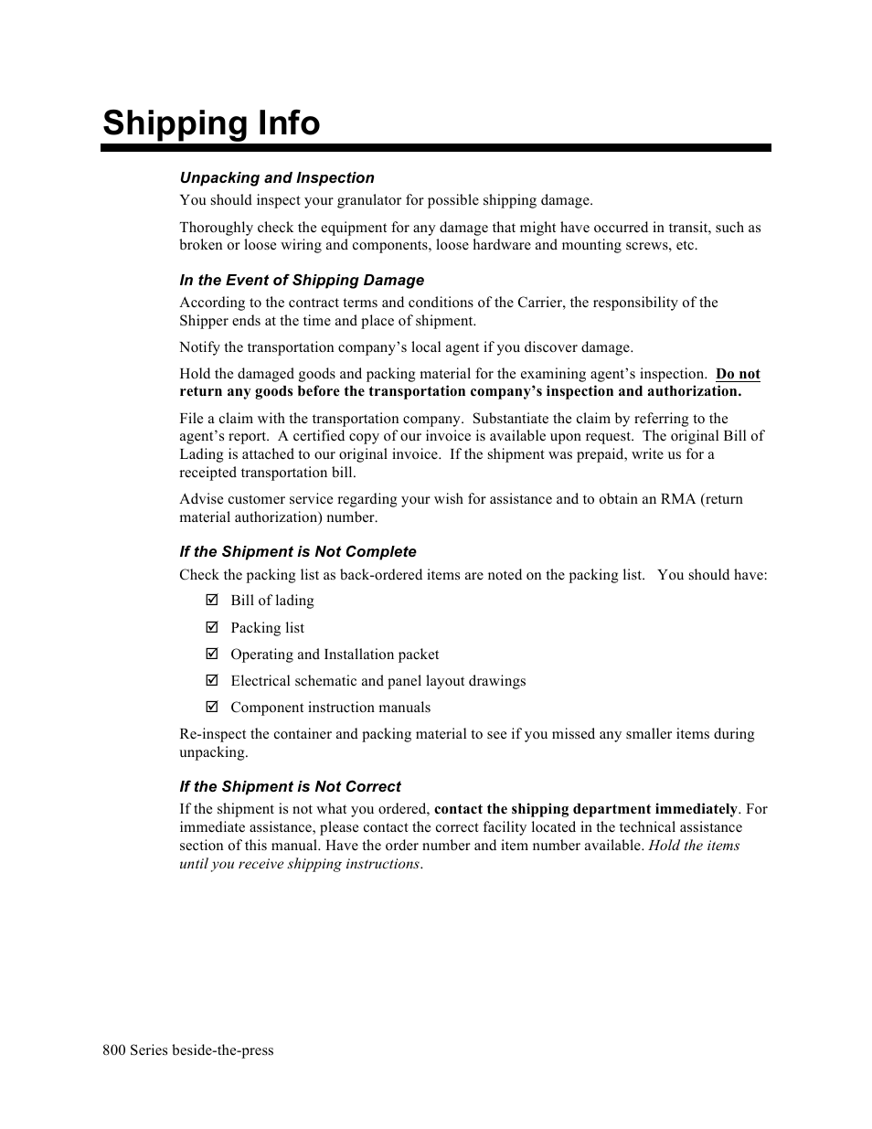 Shipping info | Sterlco BP800 Series Granulators User Manual | Page 3 / 43