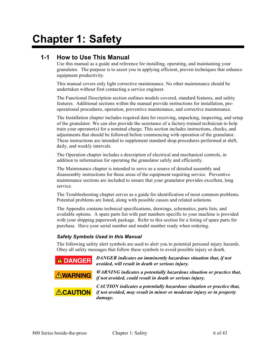 Chapter 1: safety, 1 how to use this manual | Sterlco BP800 Series Granulators User Manual | Page 6 / 43