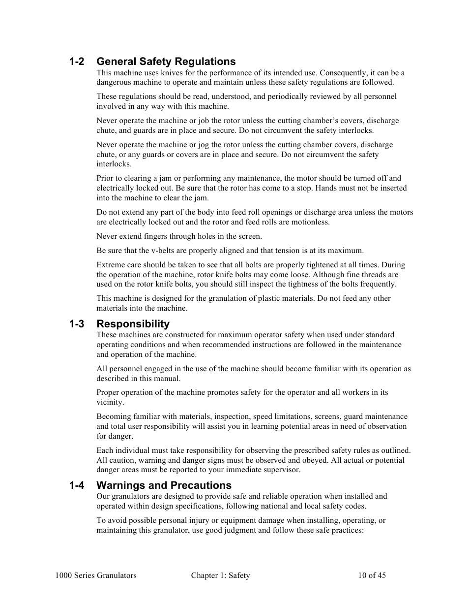 2 general safety regulations, 3 responsibility, 4 warnings and precautions | Sterlco BP 1000 Series Beside the Press Granulators User Manual | Page 10 / 45