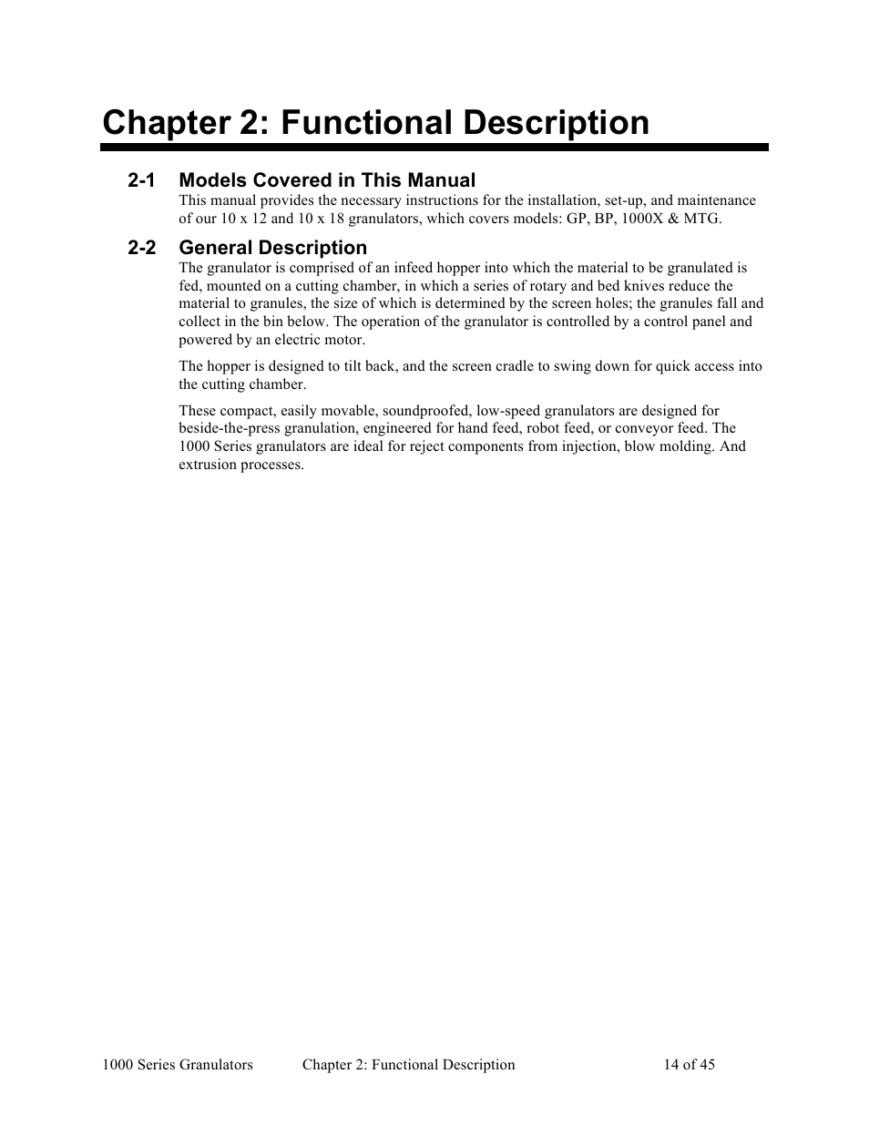 Chapter 2: functional description | Sterlco BP 1000 Series Beside the Press Granulators User Manual | Page 14 / 45