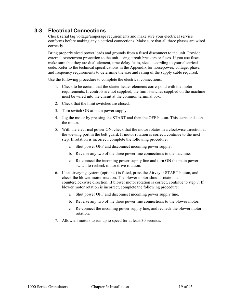 3 electrical connections | Sterlco BP 1000 Series Beside the Press Granulators User Manual | Page 19 / 45