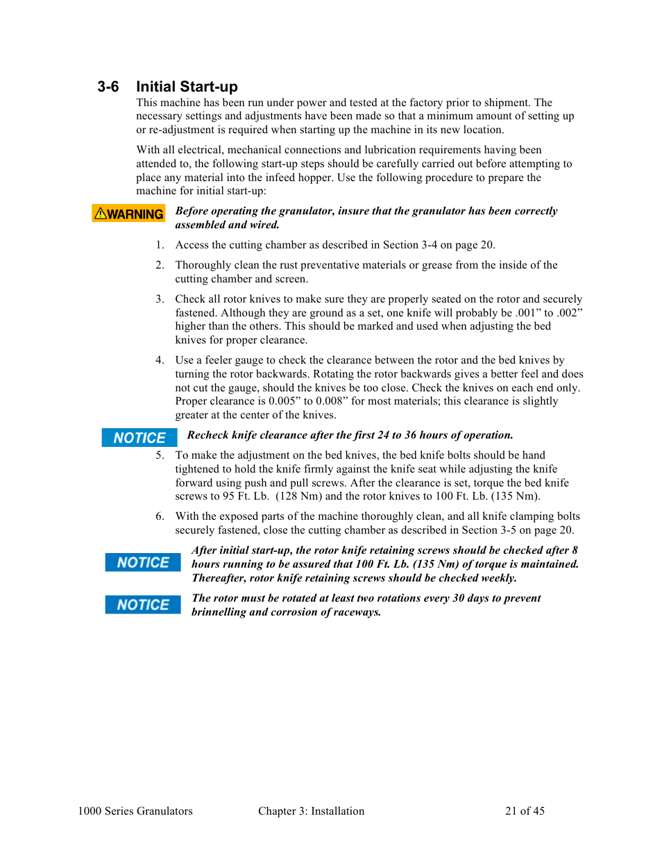 6 initial start-up | Sterlco BP 1000 Series Beside the Press Granulators User Manual | Page 21 / 45