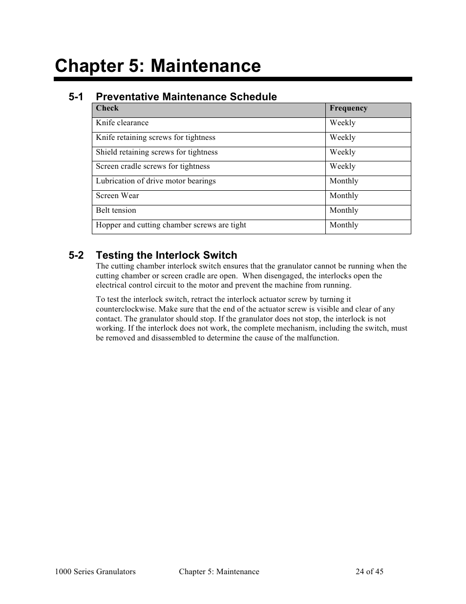 Chapter 5: maintenance, 1 preventative maintenance schedule, 2 testing the interlock switch | Sterlco BP 1000 Series Beside the Press Granulators User Manual | Page 24 / 45