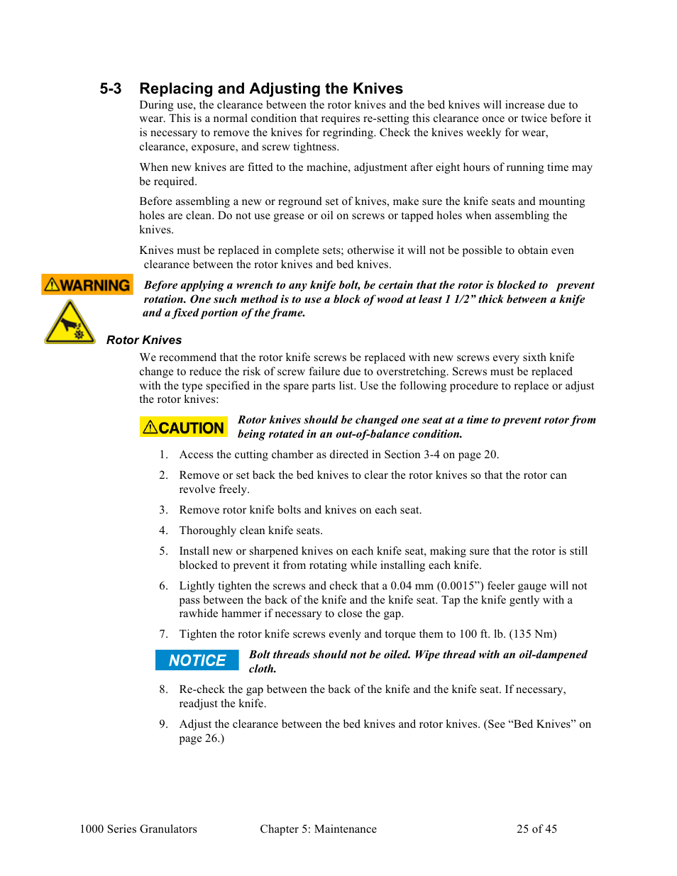 3 replacing and adjusting the knives | Sterlco BP 1000 Series Beside the Press Granulators User Manual | Page 25 / 45