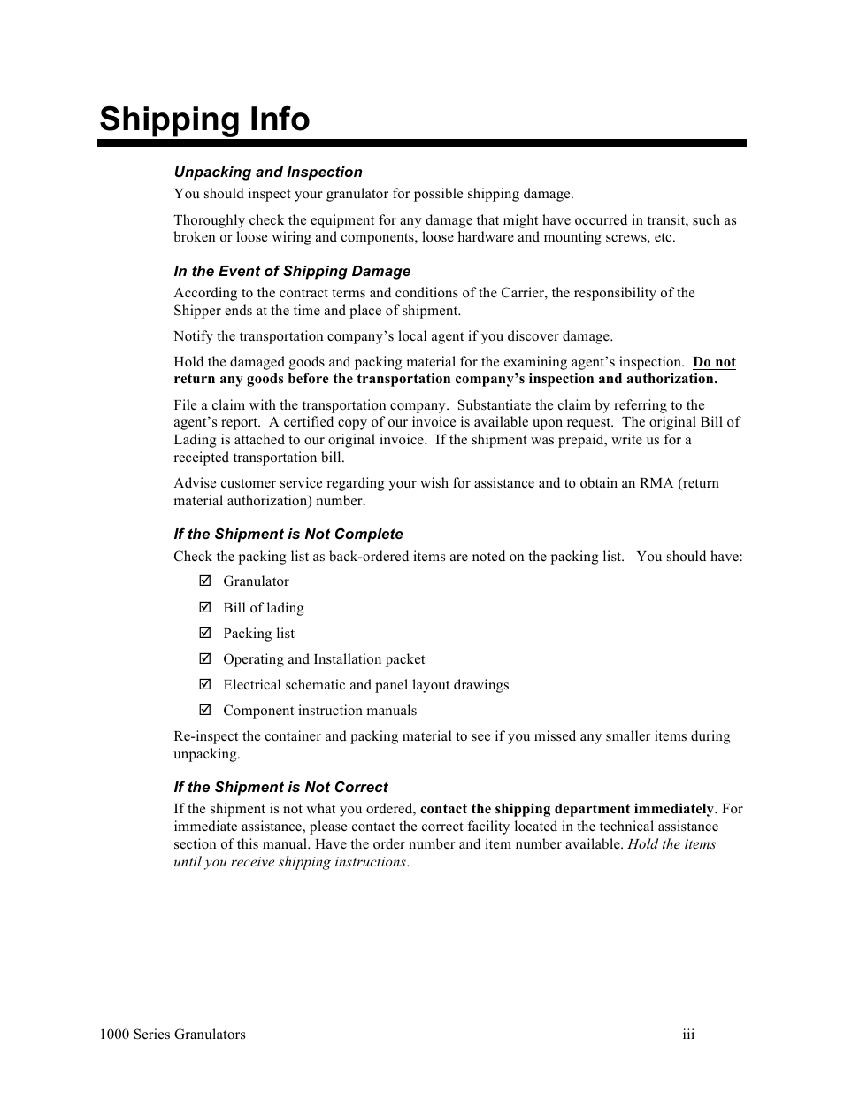 Shipping info | Sterlco BP 1000 Series Beside the Press Granulators User Manual | Page 3 / 45