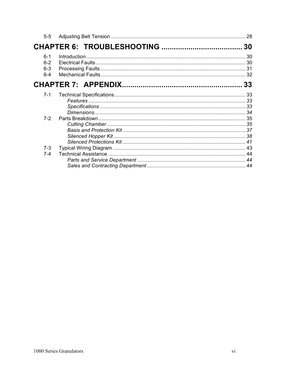 Chapter 6, Troubleshooting, Chapter 7 | Appendix | Sterlco BP 1000 Series Beside the Press Granulators User Manual | Page 6 / 45