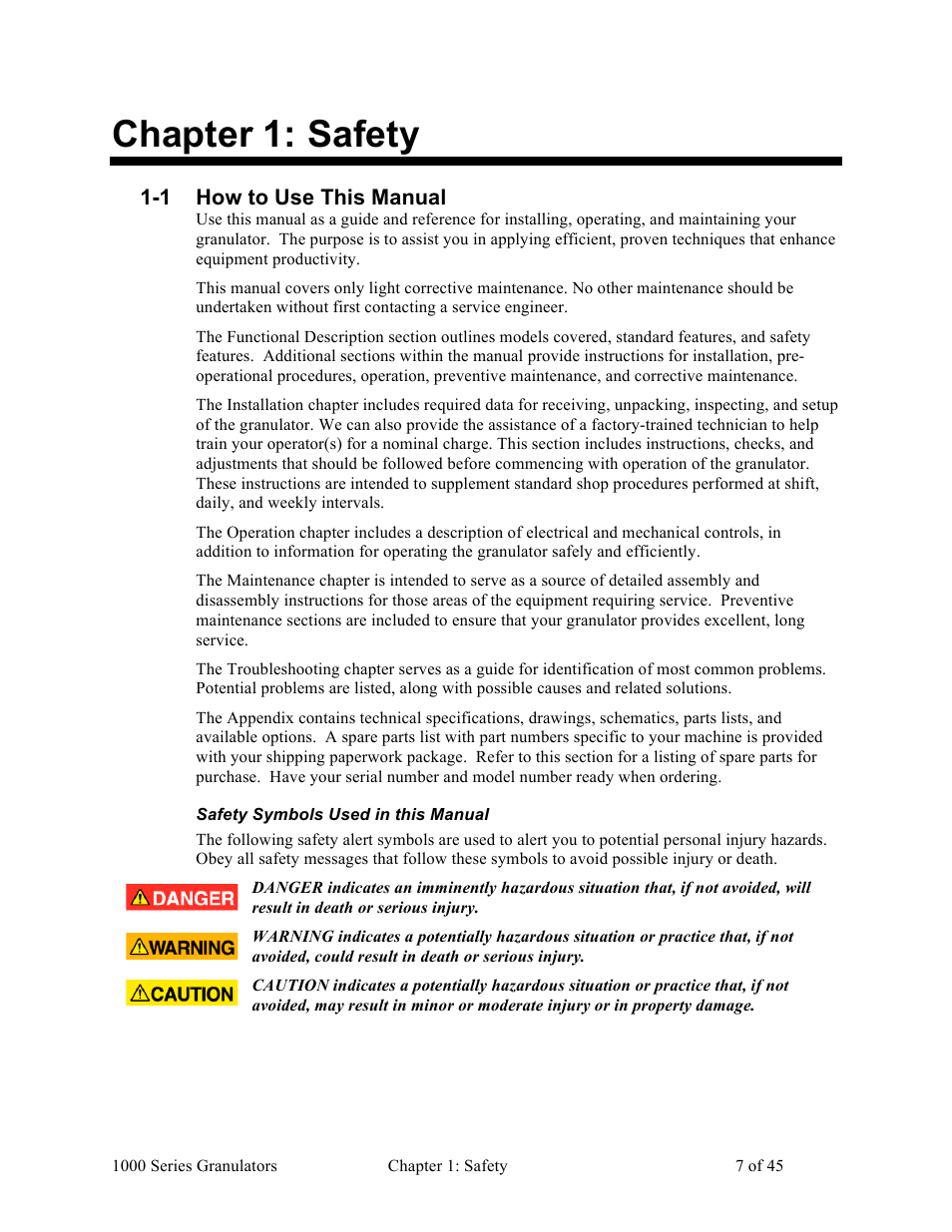 Chapter 1: safety, 1 how to use this manual | Sterlco BP 1000 Series Beside the Press Granulators User Manual | Page 7 / 45