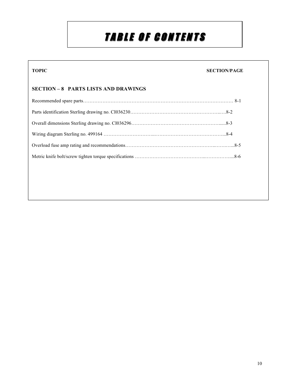 Tt aa bb ll ee oo ff cc oo nn tt ee nn tt ss | Sterlco ST500 Series Central Granulator User Manual | Page 10 / 91
