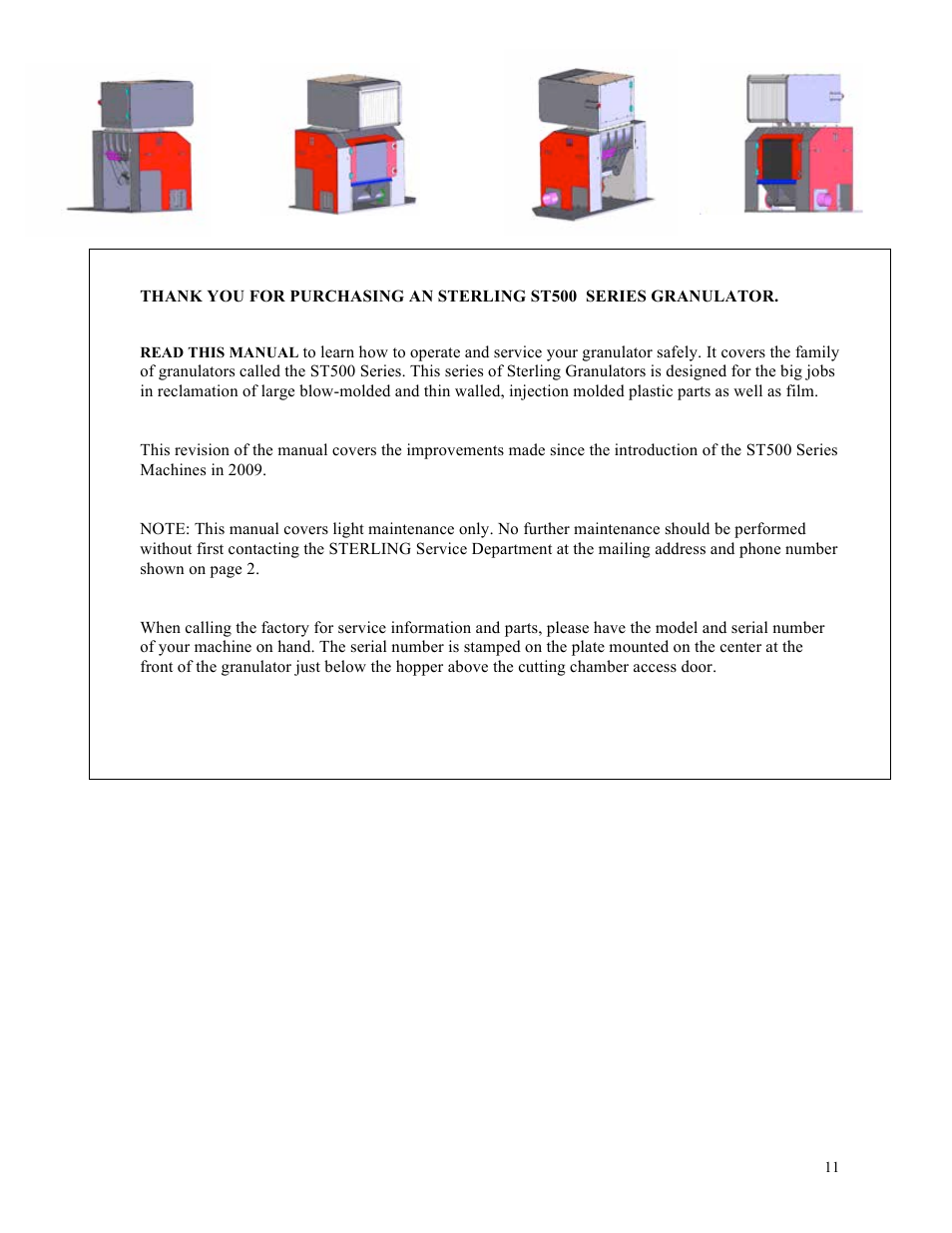 Sterlco ST500 Series Central Granulator User Manual | Page 11 / 91