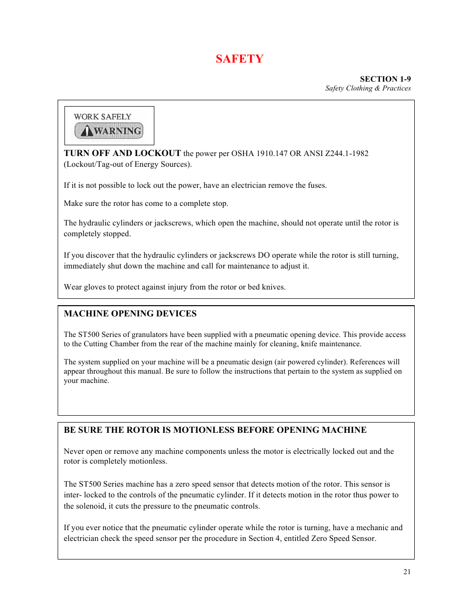 Safety | Sterlco ST500 Series Central Granulator User Manual | Page 21 / 91