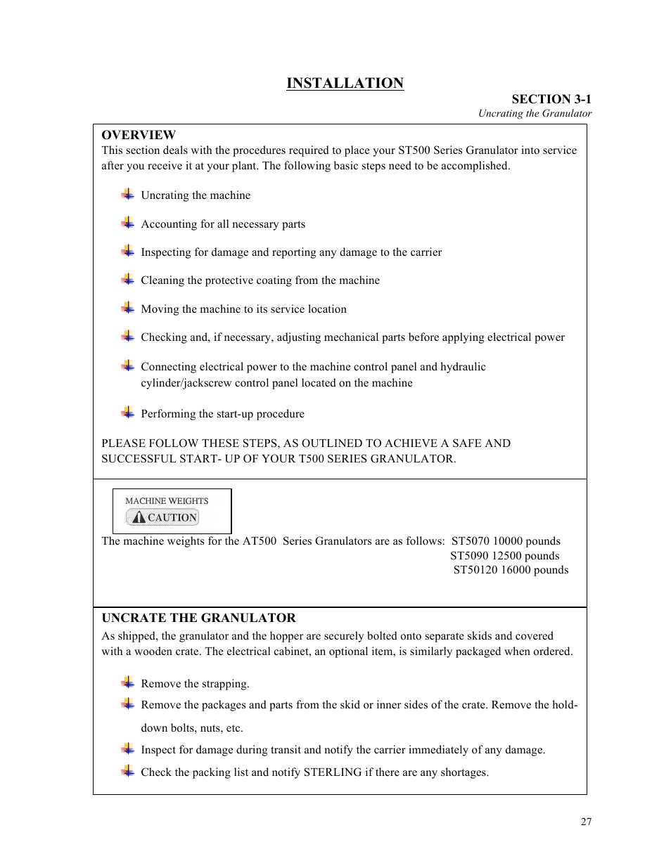 Installation | Sterlco ST500 Series Central Granulator User Manual | Page 27 / 91