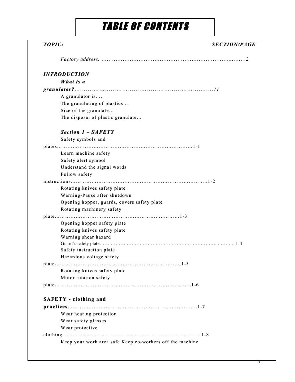 Ttaabbllee ooff ccoonntteennttss | Sterlco ST500 Series Central Granulator User Manual | Page 3 / 91