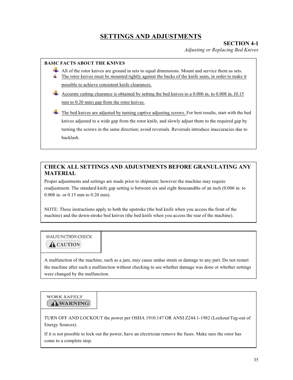 Settings and adjustments | Sterlco ST500 Series Central Granulator User Manual | Page 35 / 91