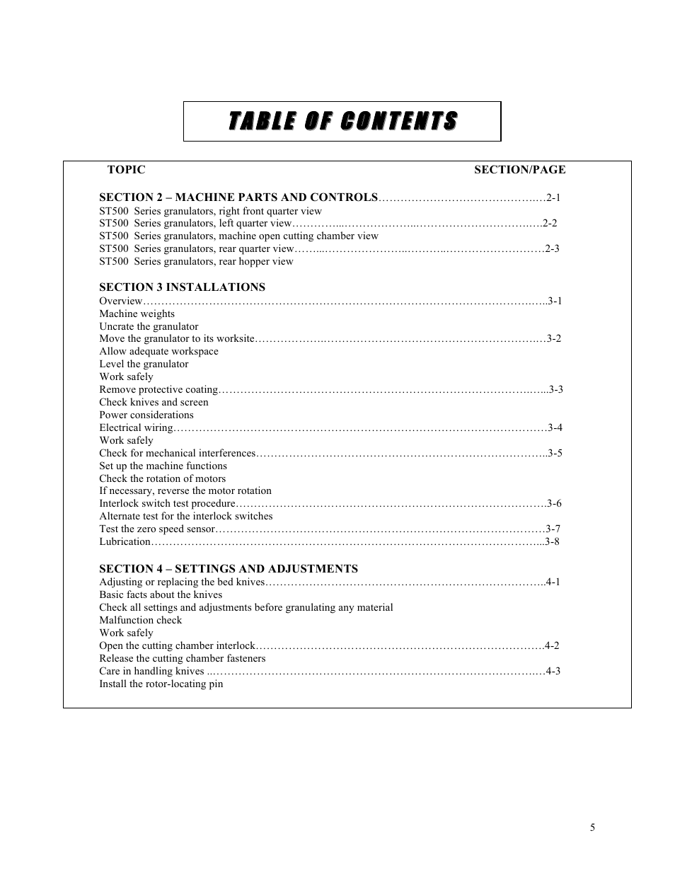 Tt aa bb ll ee oo ff cc oo nn tt ee nn tt ss | Sterlco ST500 Series Central Granulator User Manual | Page 5 / 91