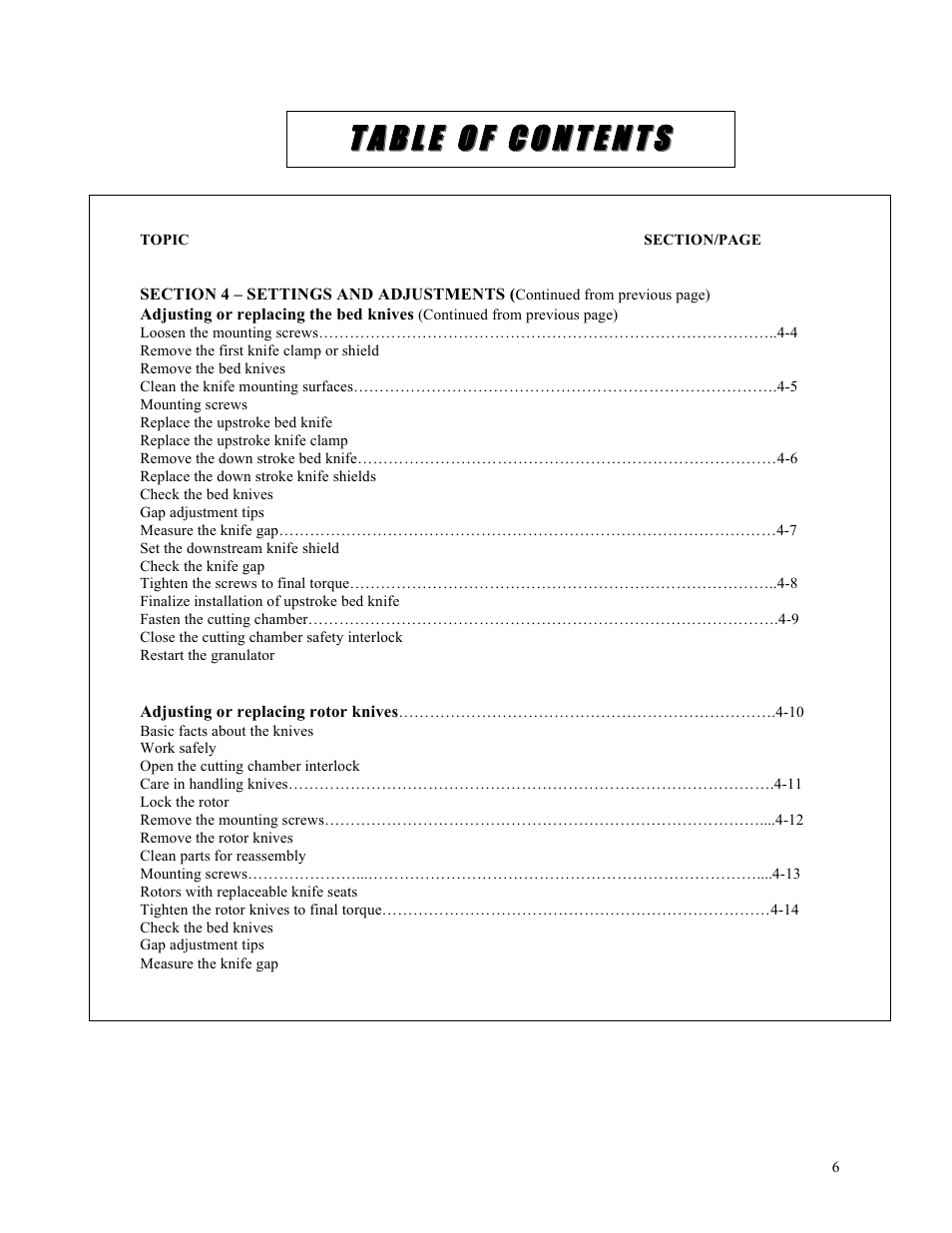 Tt aa bb ll ee oo ff cc oo nn tt ee nn tt ss | Sterlco ST500 Series Central Granulator User Manual | Page 6 / 91