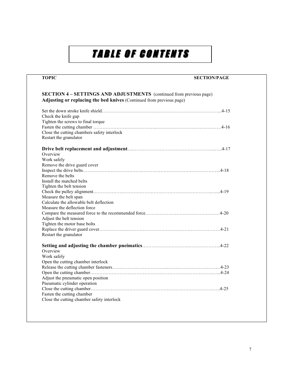 Tt aa bb ll ee oo ff cc oo nn tt ee nn tt ss | Sterlco ST500 Series Central Granulator User Manual | Page 7 / 91