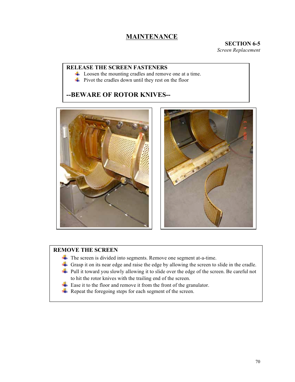 Maintenance, Beware of rotor knives | Sterlco ST500 Series Central Granulator User Manual | Page 70 / 91