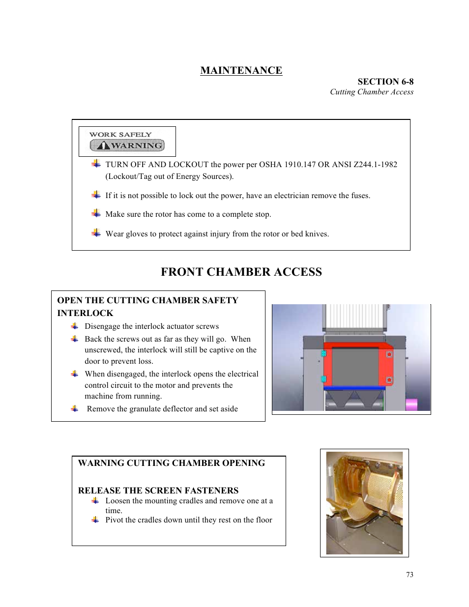 Front chamber access, Maintenance | Sterlco ST500 Series Central Granulator User Manual | Page 73 / 91