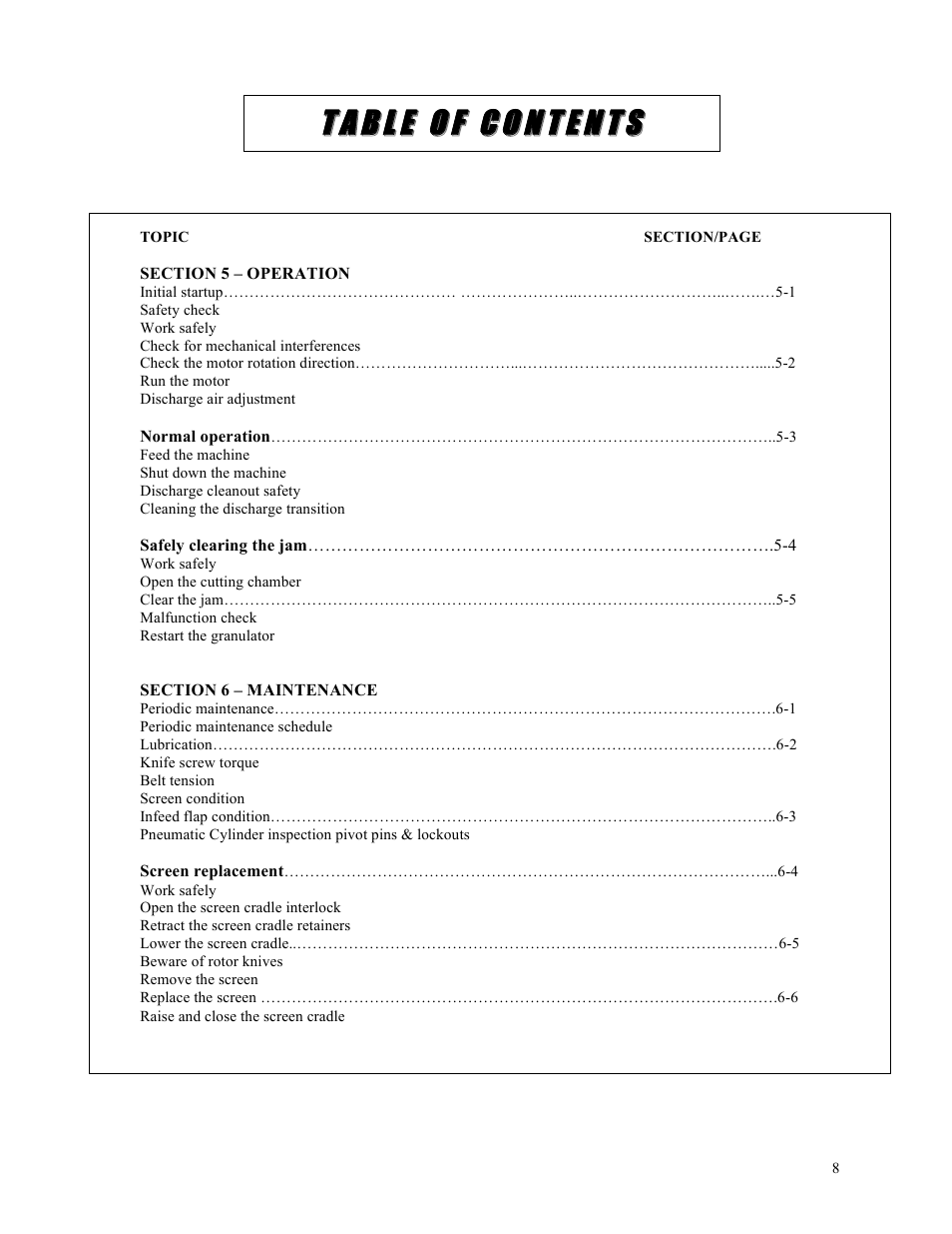 Tt aa bb ll ee oo ff cc oo nn tt ee nn tt ss | Sterlco ST500 Series Central Granulator User Manual | Page 8 / 91