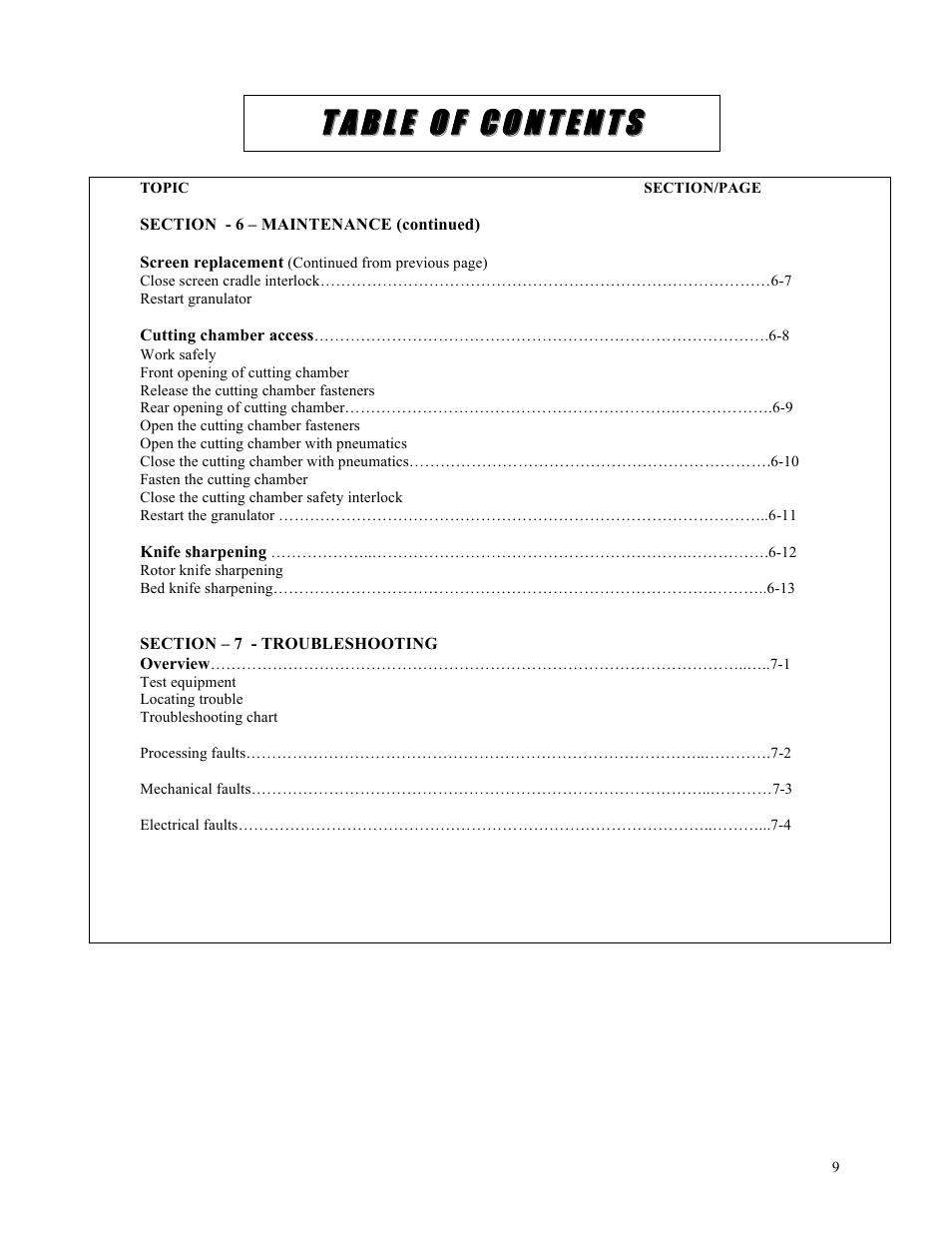 Tt aa bb ll ee oo ff cc oo nn tt ee nn tt ss | Sterlco ST500 Series Central Granulator User Manual | Page 9 / 91