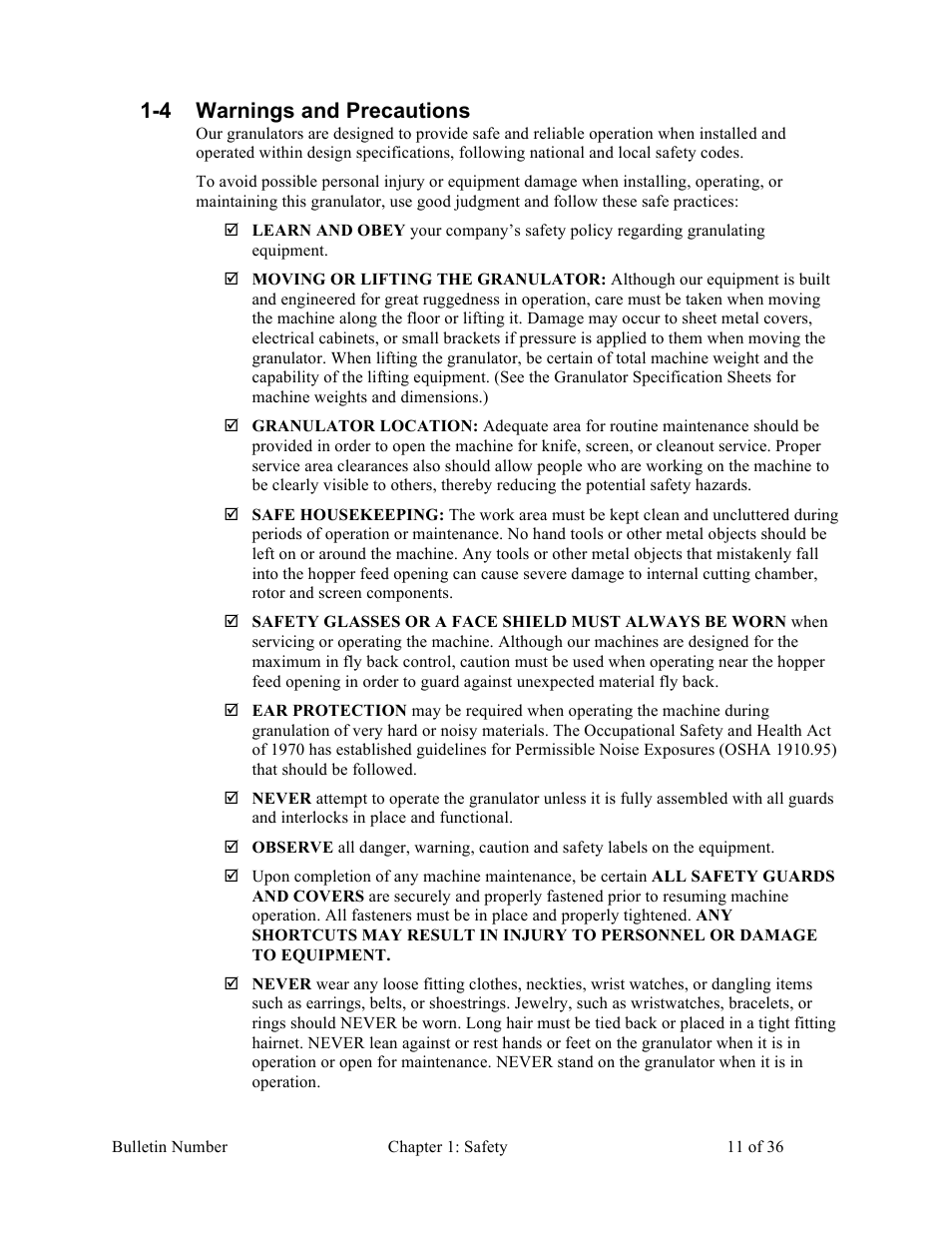 4 warnings and precautions | Sterlco HDG Series Heavy Duty Granulators User Manual | Page 11 / 36