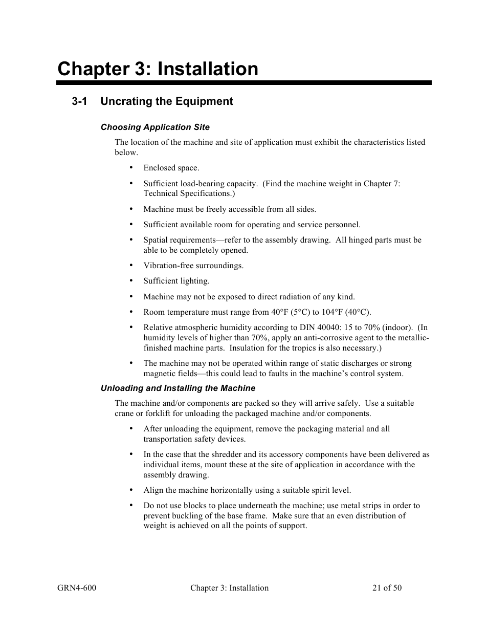 Chapter 3: installation, 1 uncrating the equipment | Sterlco SLS Series Light Duty Shredder User Manual | Page 21 / 50