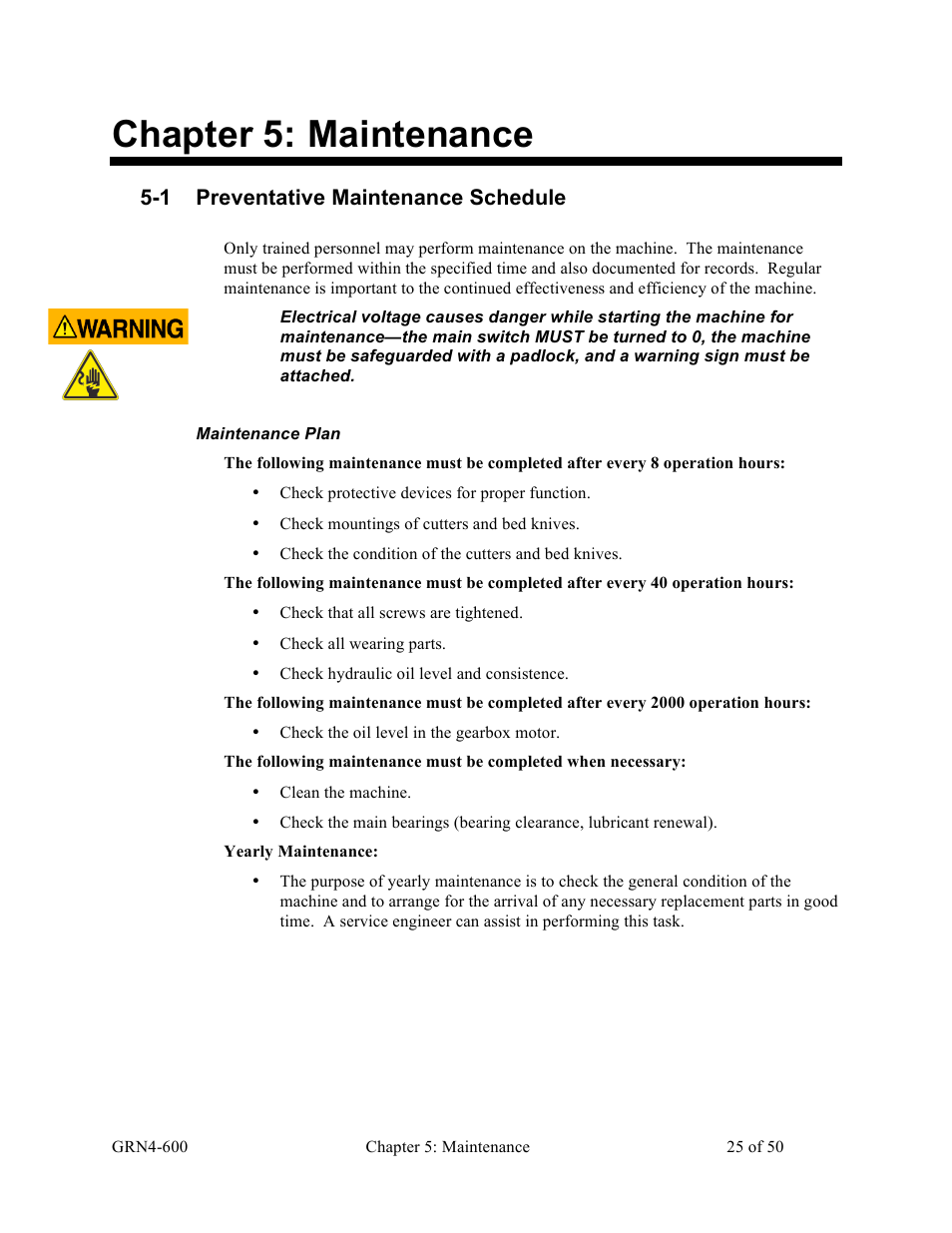 Chapter 5: maintenance, 1 preventative maintenance schedule | Sterlco SLS Series Light Duty Shredder User Manual | Page 25 / 50