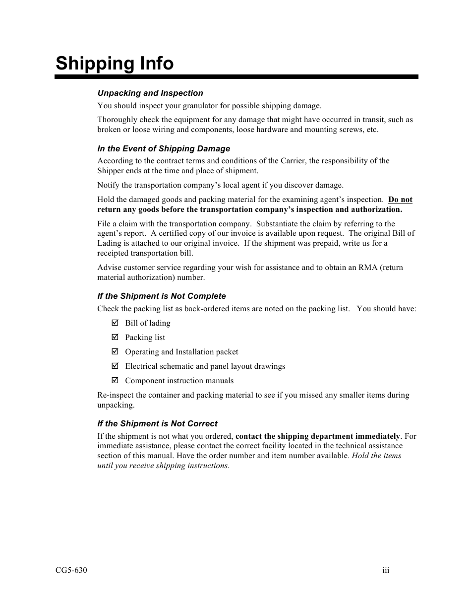 Shipping info | Sterlco SLS Series Light Duty Shredder User Manual | Page 3 / 50