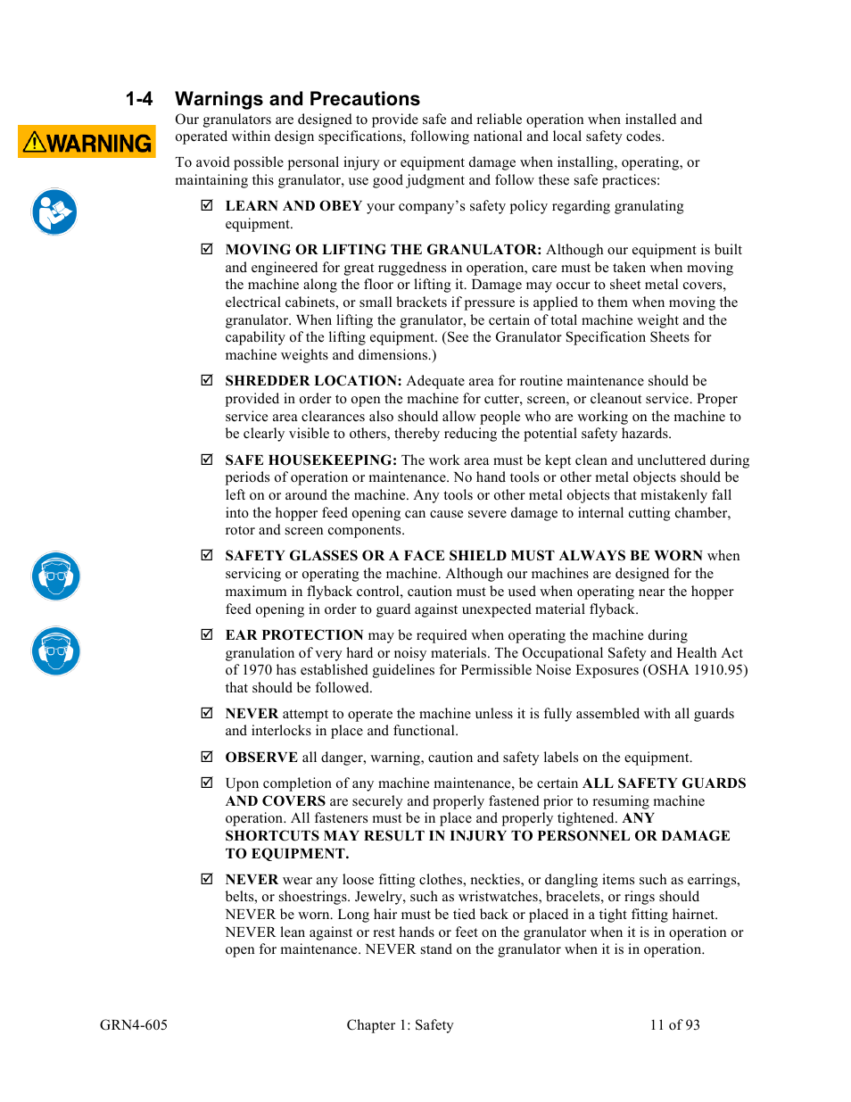 4 warnings and precautions | Sterlco SMS Series Single Shaft Shredder User Manual | Page 11 / 93