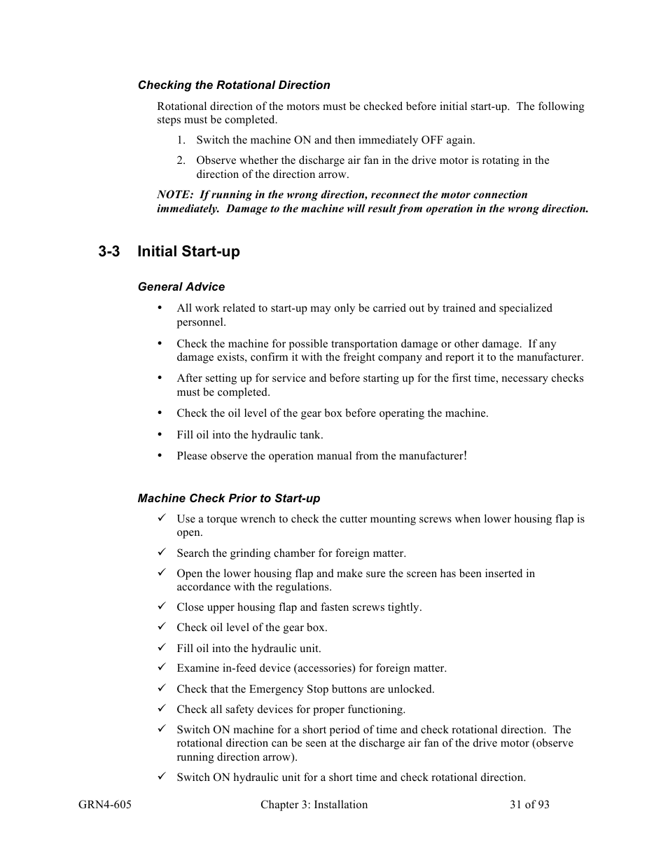 3 initial start-up | Sterlco SMS Series Single Shaft Shredder User Manual | Page 31 / 93