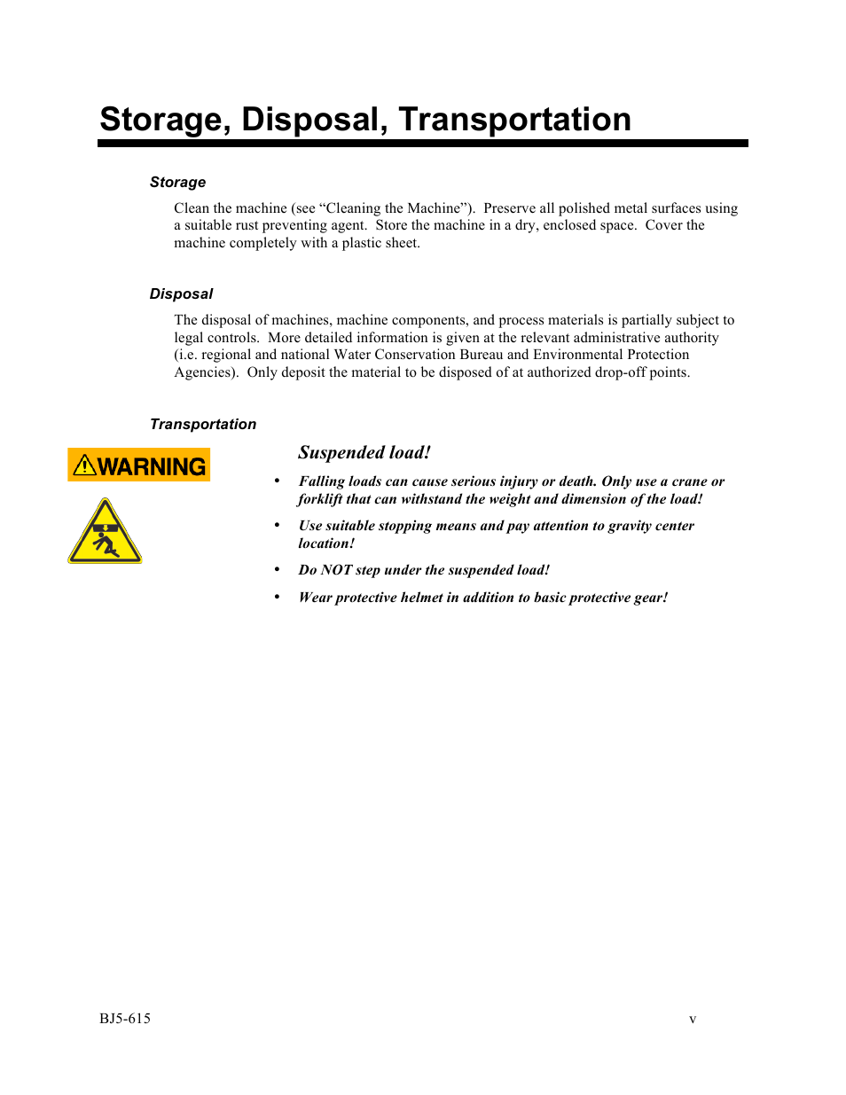 Storage, disposal, transportation, Suspended load | Sterlco SMS Series Single Shaft Shredder User Manual | Page 5 / 93
