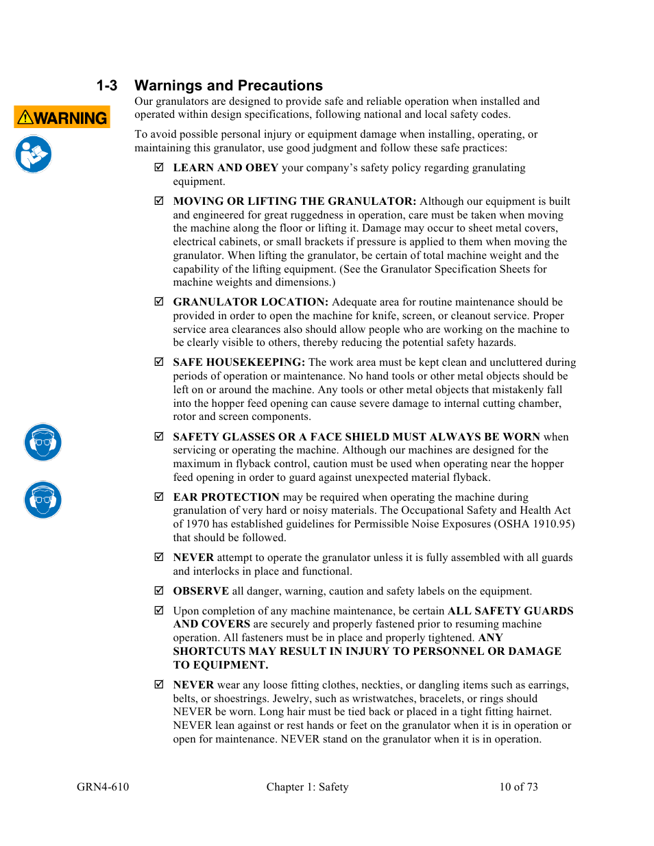 3 warnings and precautions | Sterlco SPS Series Pipe Shredder User Manual | Page 10 / 73