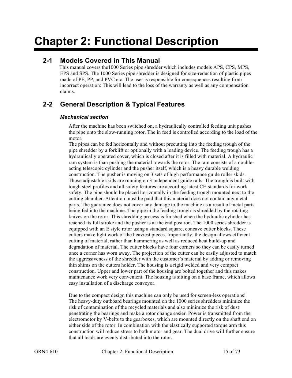 Chapter 2: functional description | Sterlco SPS Series Pipe Shredder User Manual | Page 15 / 73