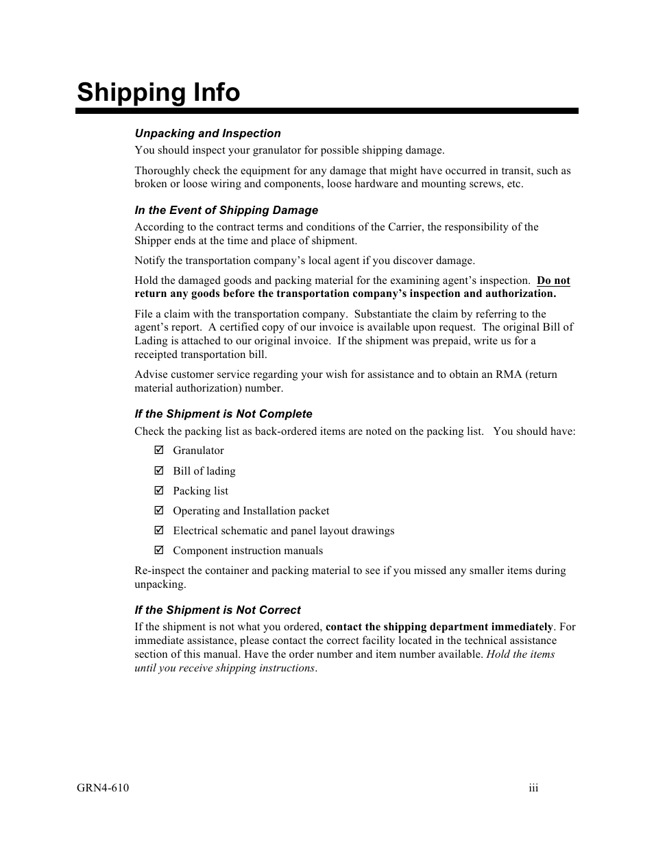 Shipping info | Sterlco SPS Series Pipe Shredder User Manual | Page 3 / 73