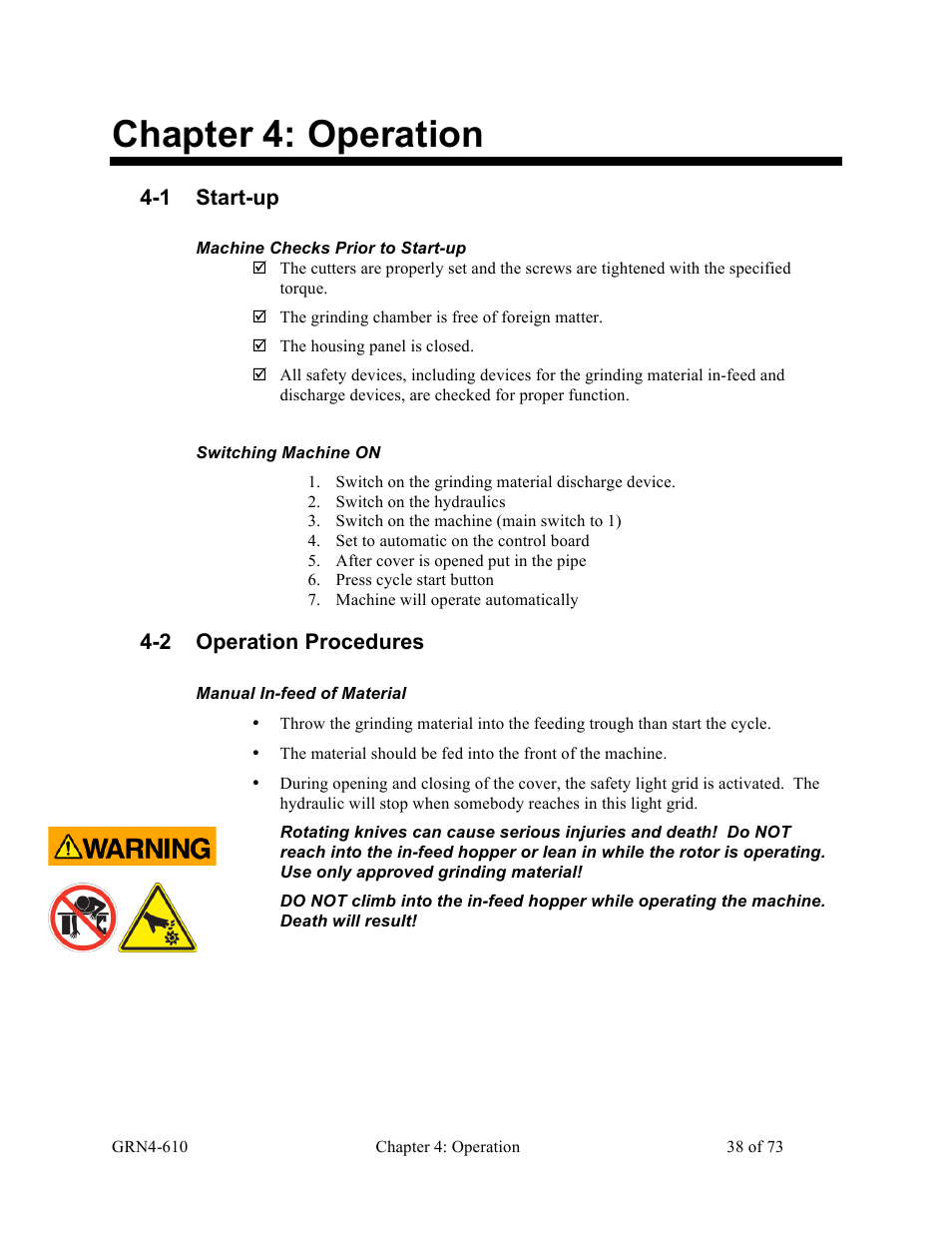 Chapter 4: operation, 1 start-up, 2 operation procedures | Sterlco SPS Series Pipe Shredder User Manual | Page 38 / 73