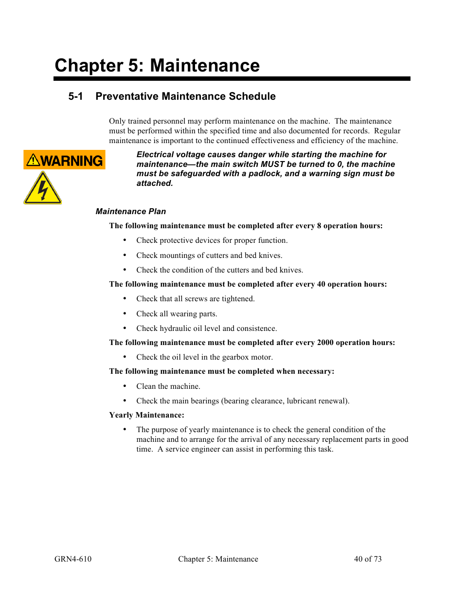 Chapter 5: maintenance, 1 preventative maintenance schedule | Sterlco SPS Series Pipe Shredder User Manual | Page 40 / 73